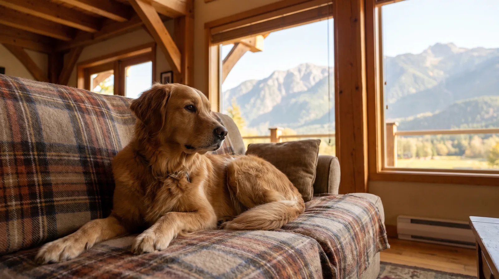 A golden retriever relaxed on the couch in a Pemberton valley home, mountains visible through the window, during an in-home dog sitting visit