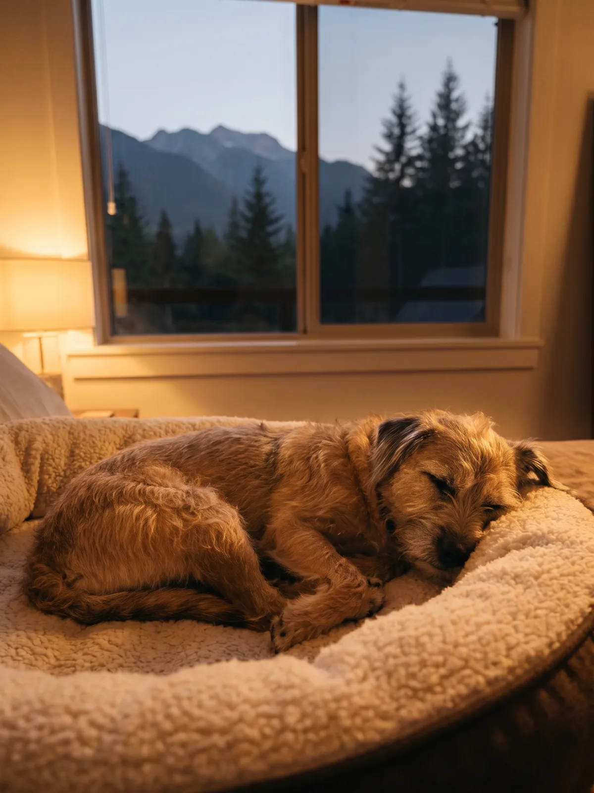 A scruffy terrier curled up asleep on a cozy dog bed in a warm Pemberton bedroom at dusk, during an overnight dog sleepover