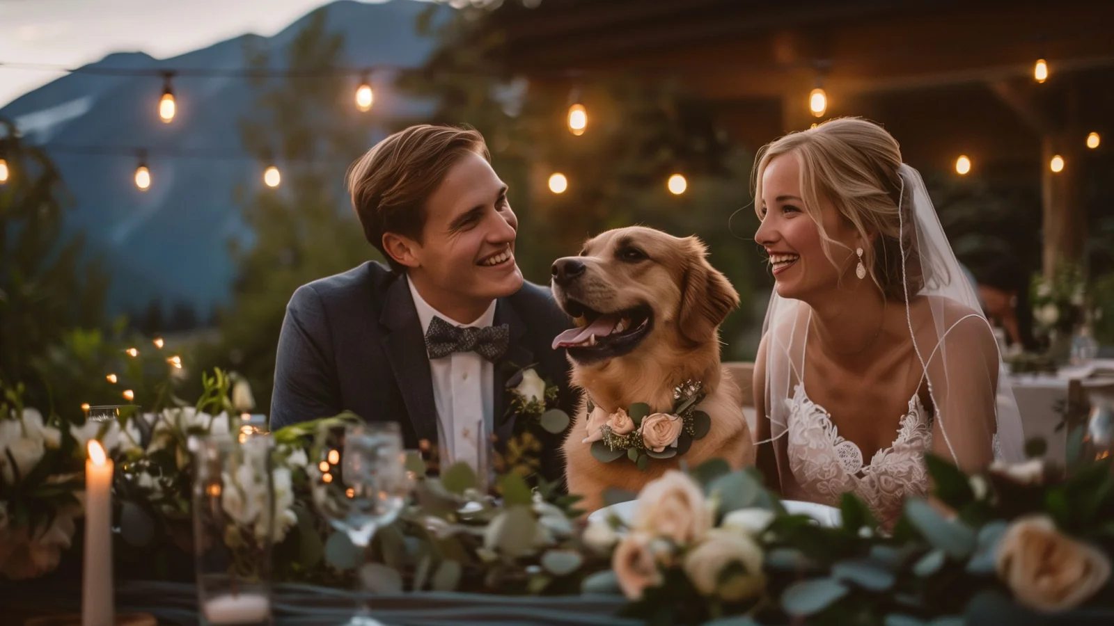 A Whistler couple and their dog at golden hour on a mountain ridge