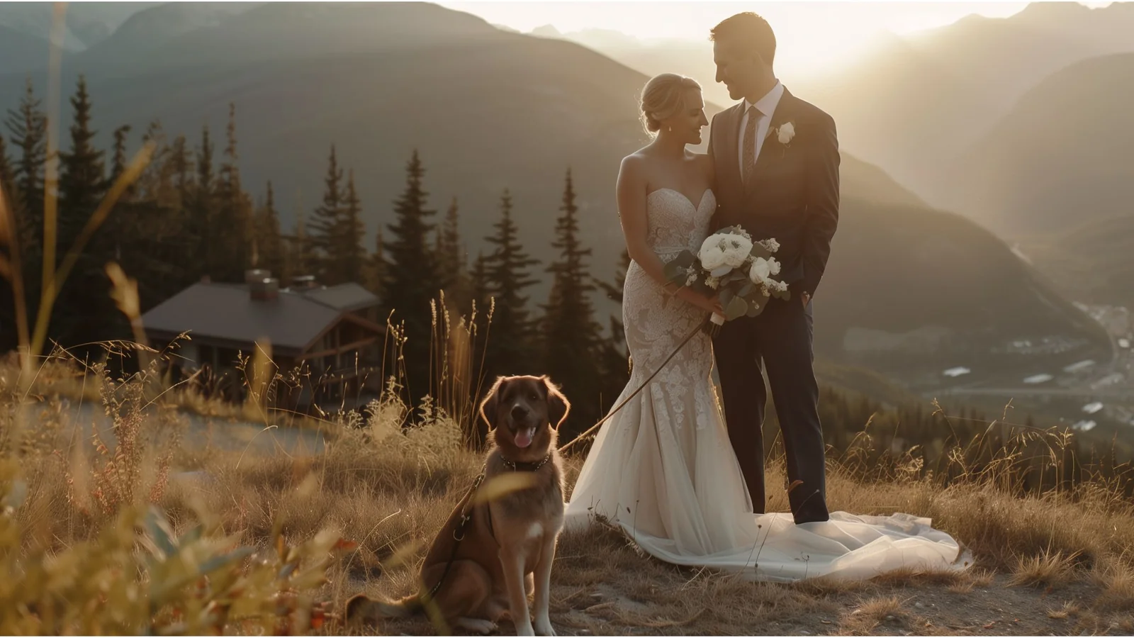 A Whistler couple and their dog at the head table on their wedding day